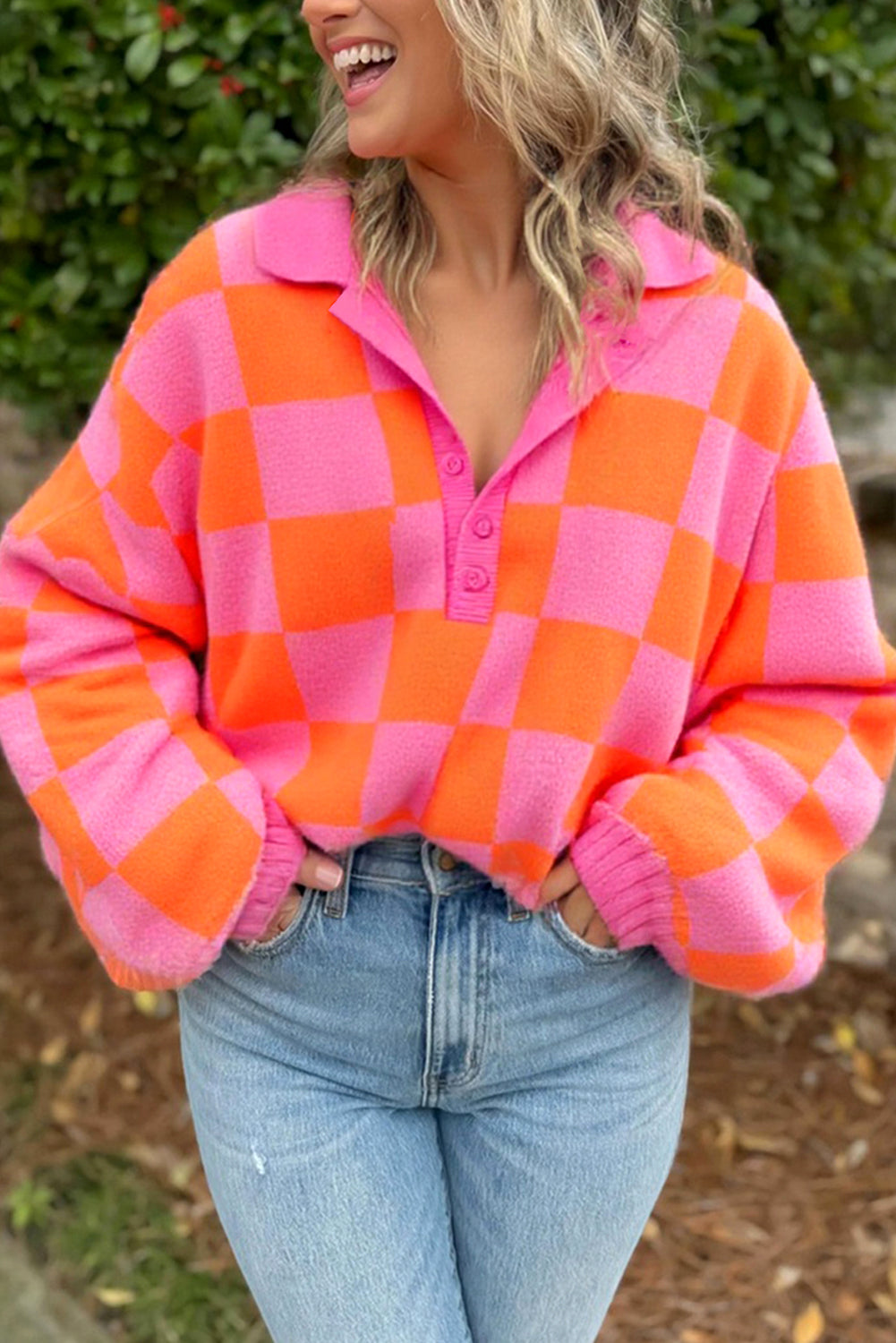 Pink checkered colorblock long sleeve pullover sweater with polo collar and baggy fit