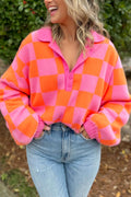 Pink checkered colorblock long sleeve pullover sweater with polo collar and baggy fit