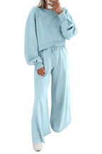 Mist Blue Drop Shoulder Crop Pullover Drawstring Wide Leg Pants Set