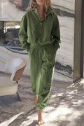 Vineyard green half zip pullover and joggers set in relaxed fit with elastic waist, perfect for athleisure and comfort.