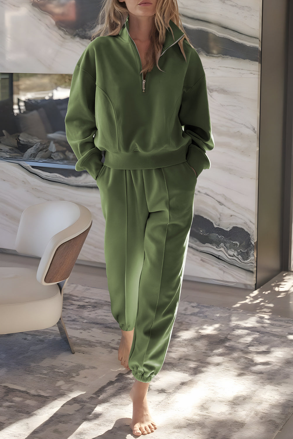 Vineyard green half zip pullover and joggers set in relaxed fit with elastic waist, perfect for athleisure and comfort.