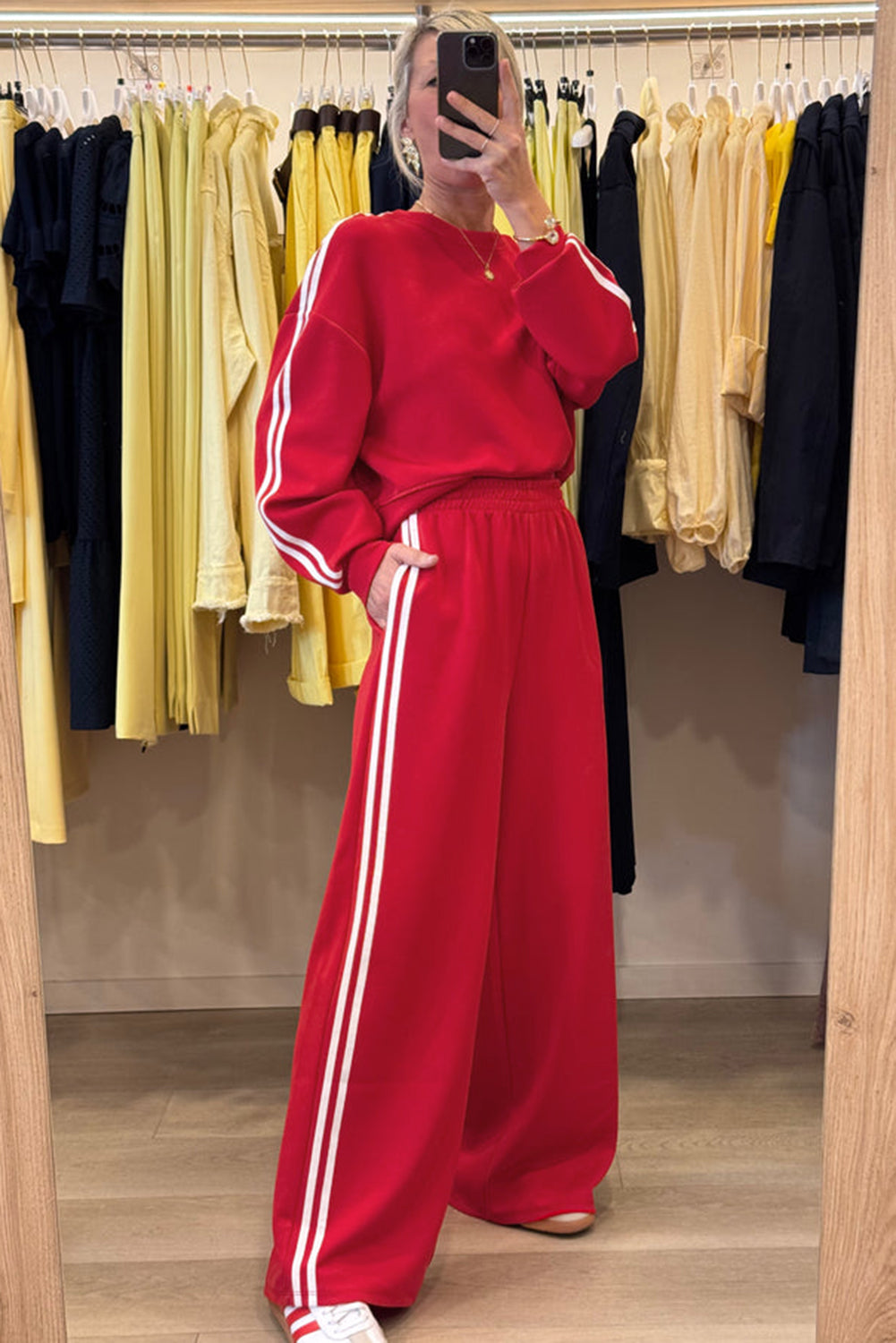 Fiery Red Varsity Striped Detail Cropped Pullover Wide Leg Pants 2pcs Outfit