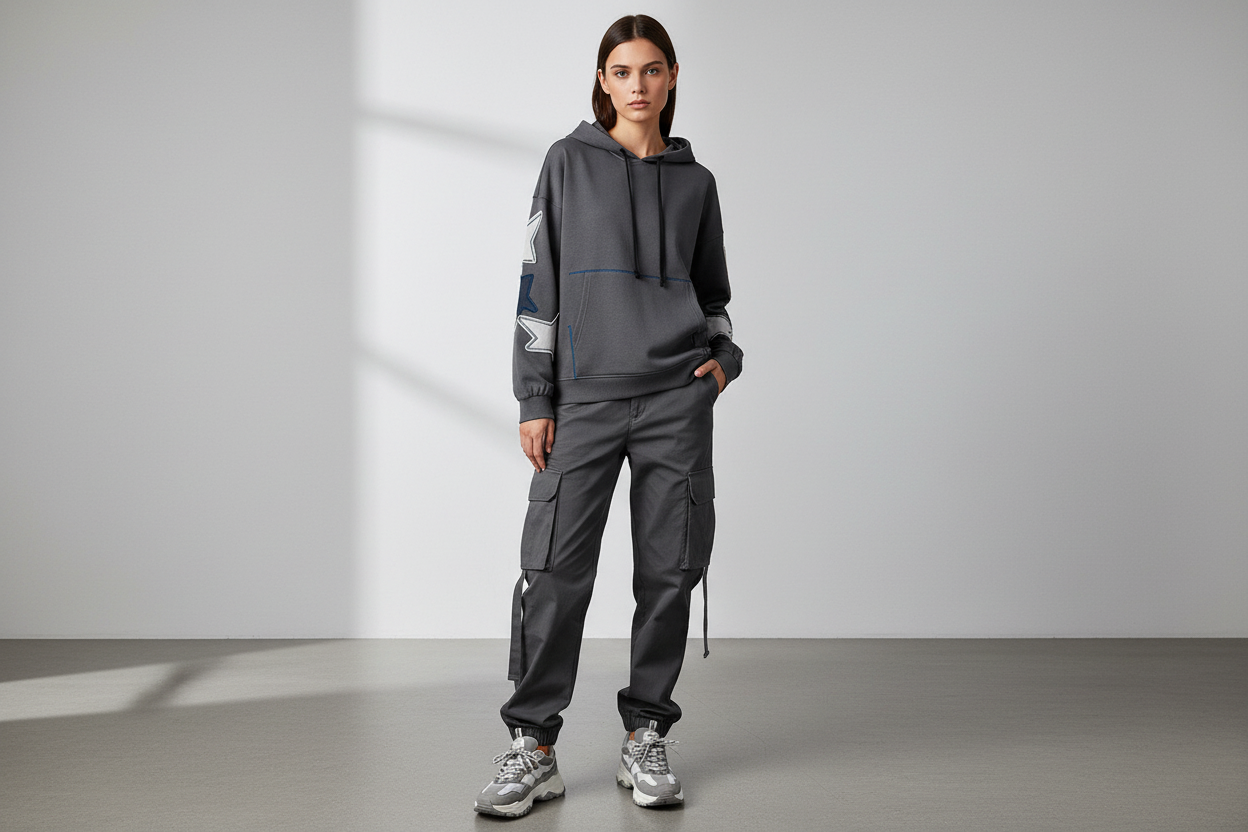 Carbon Grey Star Patched Kangaroo Pocket Vintage Hoodie