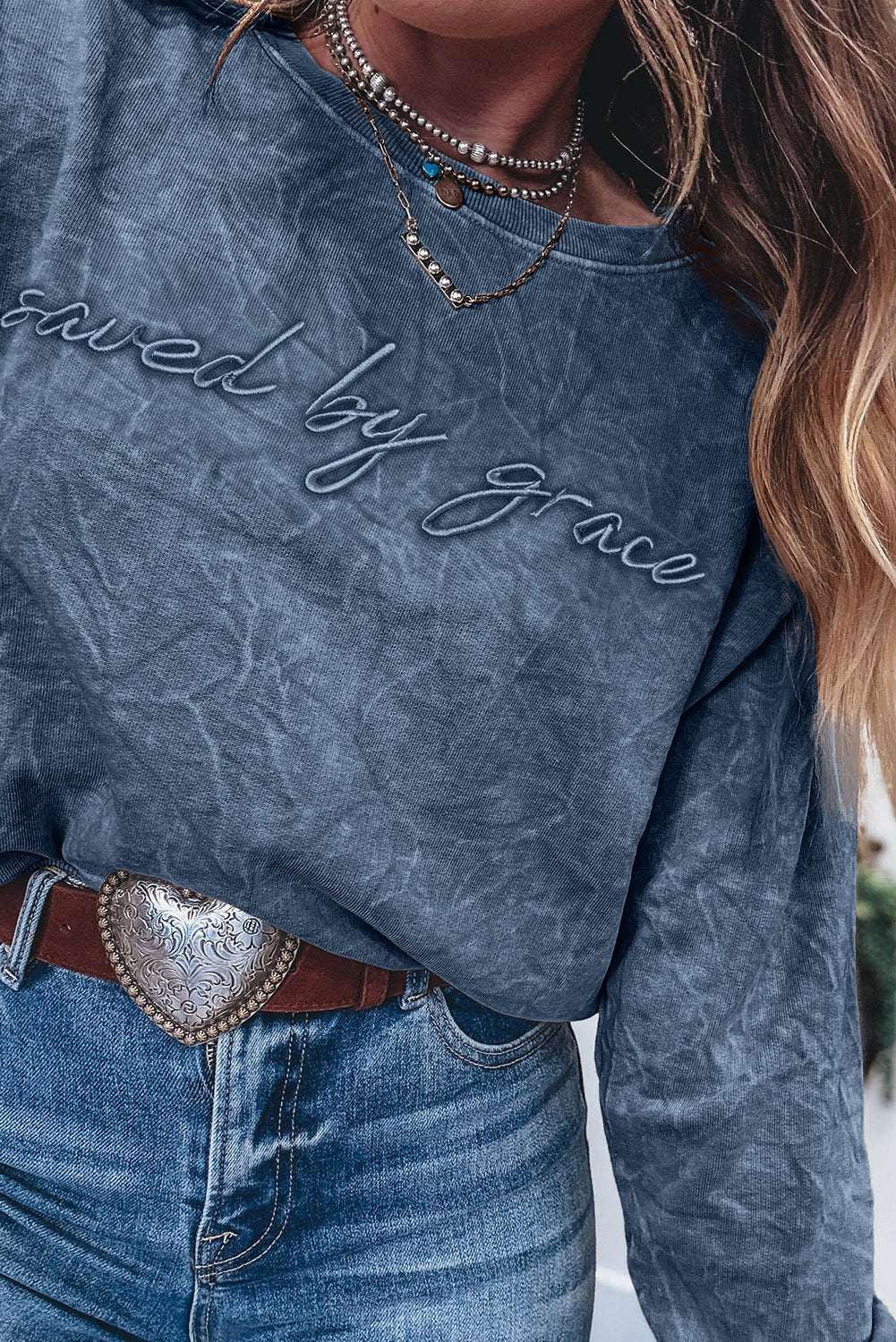 Sea Green saved by grace Letter Embroidery Mineral Wash Loose Sweatshirt