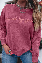 Sea Green saved by grace Letter Embroidery Mineral Wash Loose Sweatshirt