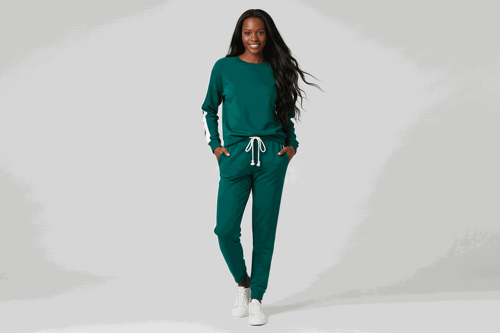 Sea Green Solid Color Pullover Top Varsity Stripe Detail Loose Drawstring Pants Set