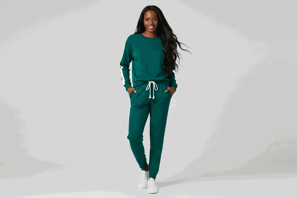 Sea Green Solid Color Pullover Top Varsity Stripe Detail Loose Drawstring Pants Set