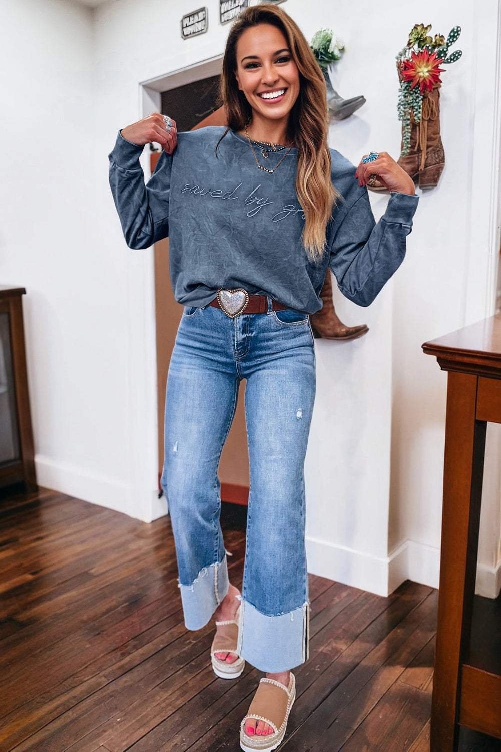 Sea Green saved by grace Letter Embroidery Mineral Wash Loose Sweatshirt