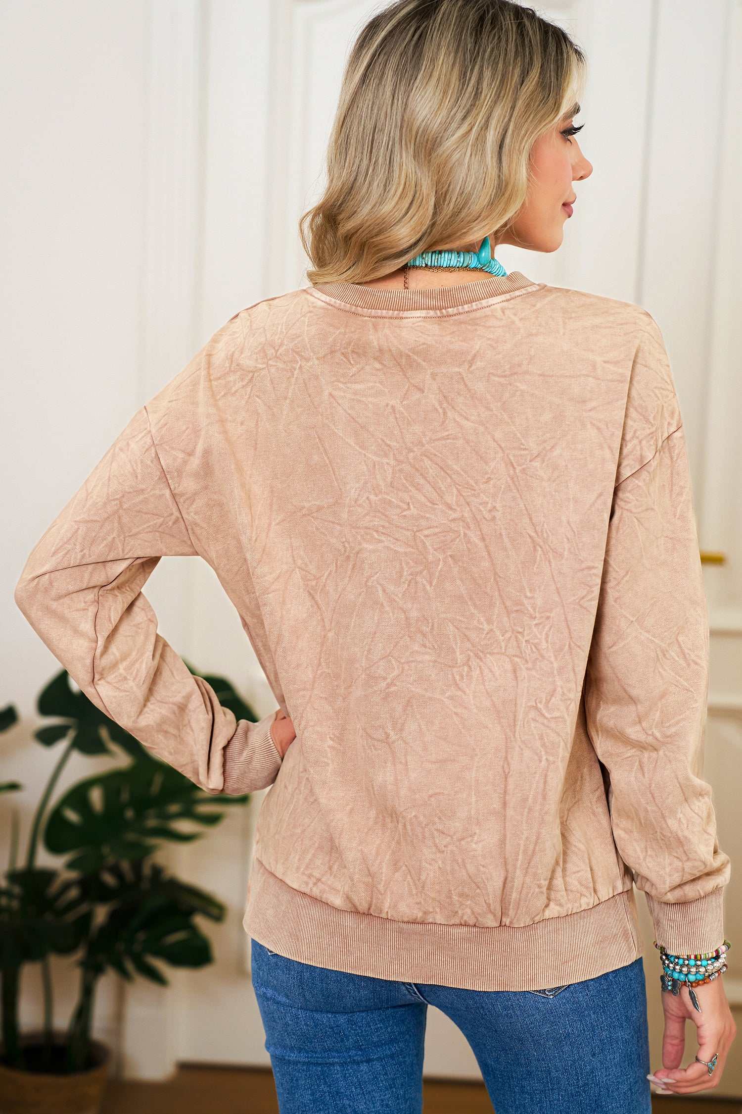 Sea Green saved by grace Letter Embroidery Mineral Wash Loose Sweatshirt