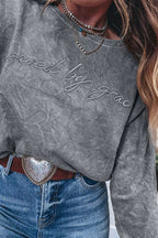 Sea Green saved by grace Letter Embroidery Mineral Wash Loose Sweatshirt