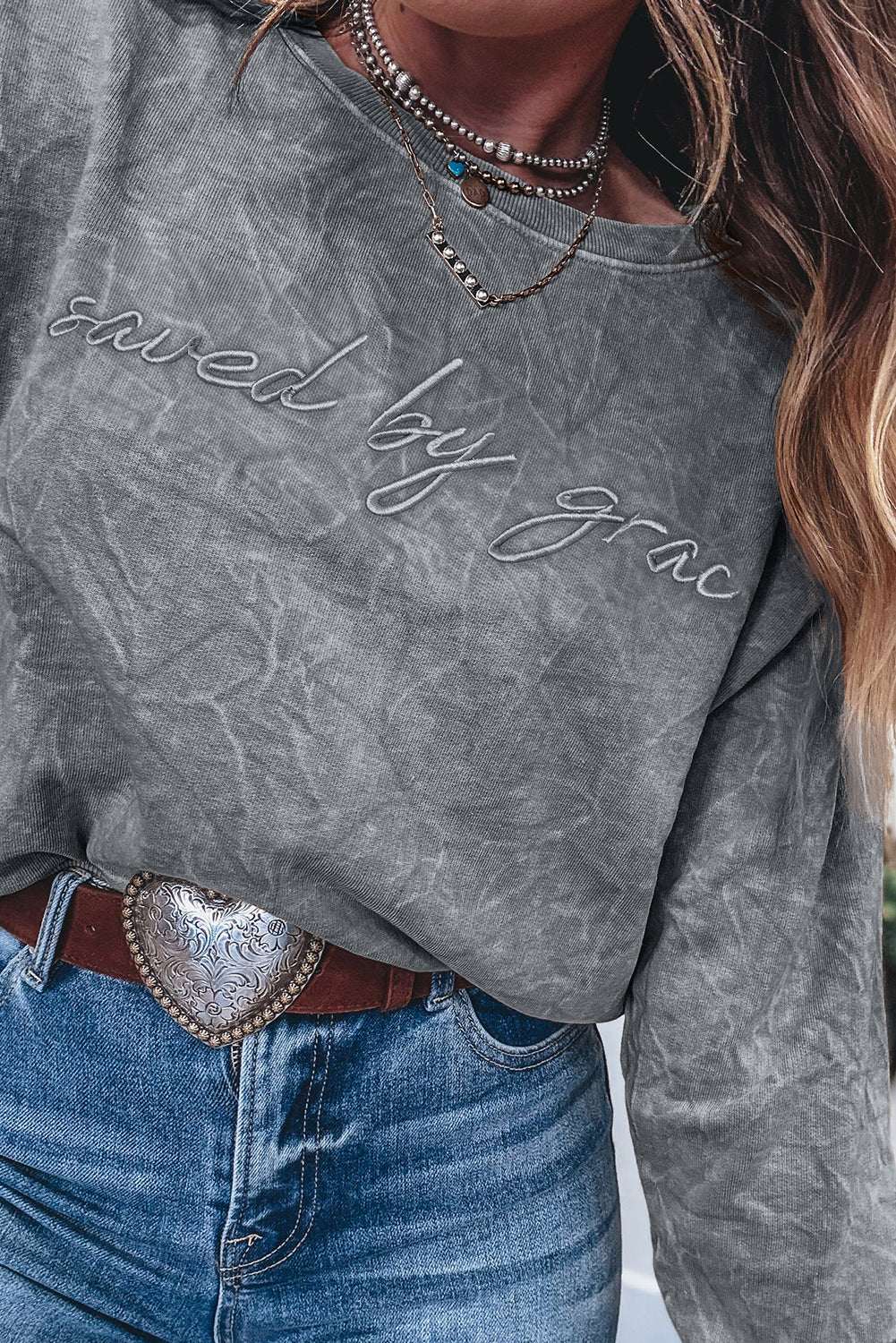 Sea Green saved by grace Letter Embroidery Mineral Wash Loose Sweatshirt