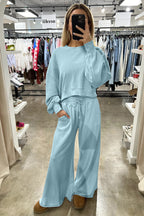 Mist Blue Drop Shoulder Crop Pullover Drawstring Wide Leg Pants Set