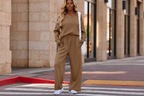 Coffee Solid Color V Neck Top and High Waist Pants Set