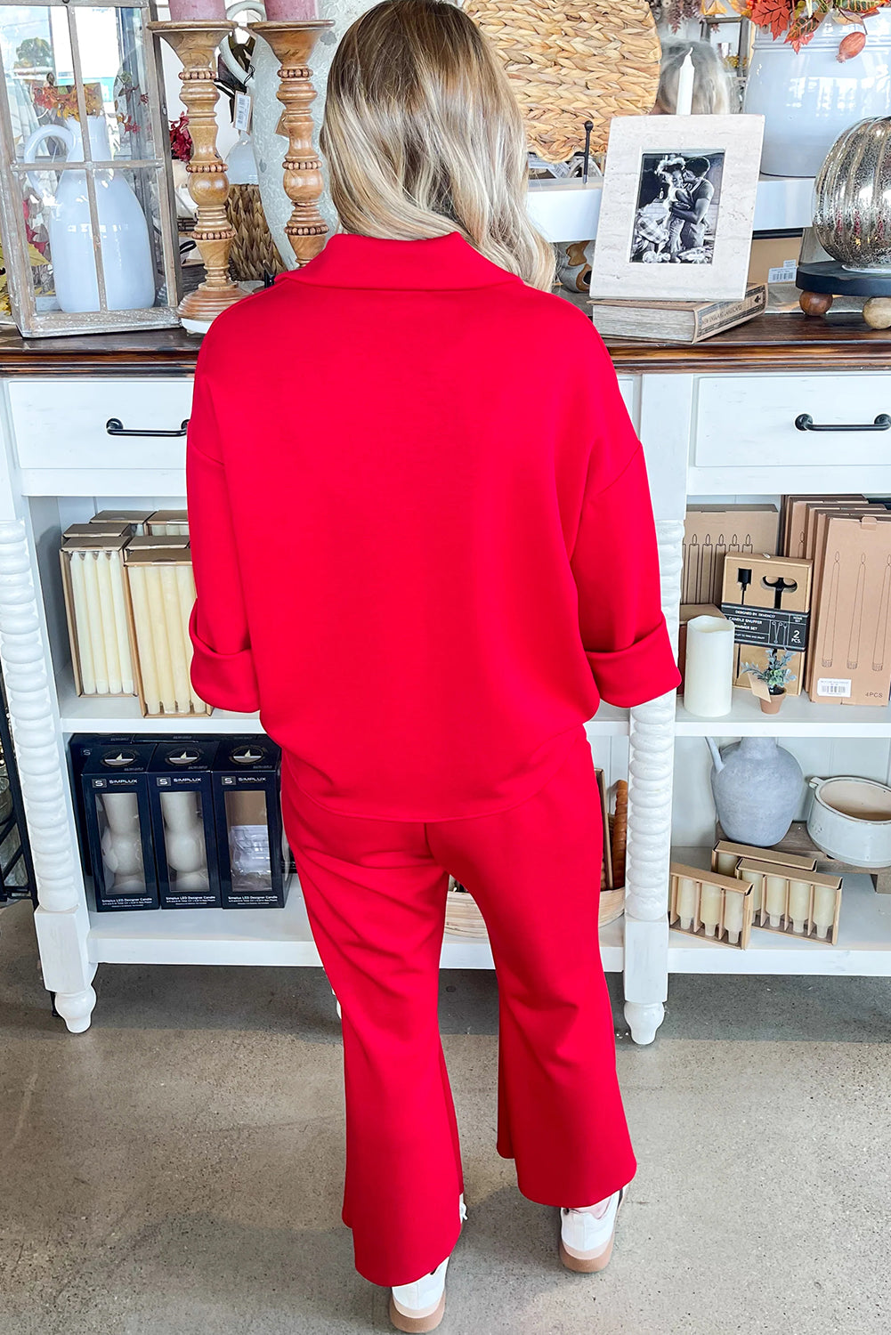 Fiery Red Plain V Neck Pullover Drawstring Bell Bottom Pants Set