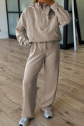 taupe half zip thumbhole sleeve hoodie and matching active pants outfit