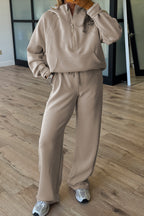 taupe half zip thumbhole sleeve hoodie and matching active pants outfit
