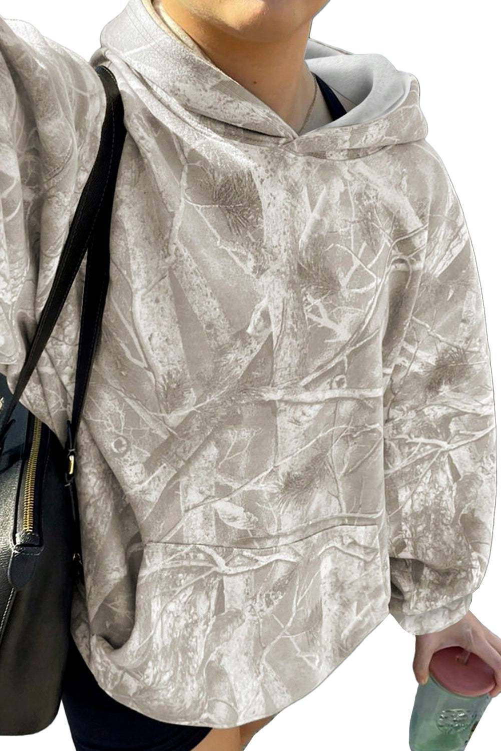 Beige camouflage plant print oversized hoodie with kangaroo pocket and drop sleeves in polyester