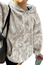Beige camouflage plant print oversized hoodie with kangaroo pocket and drop sleeves in polyester