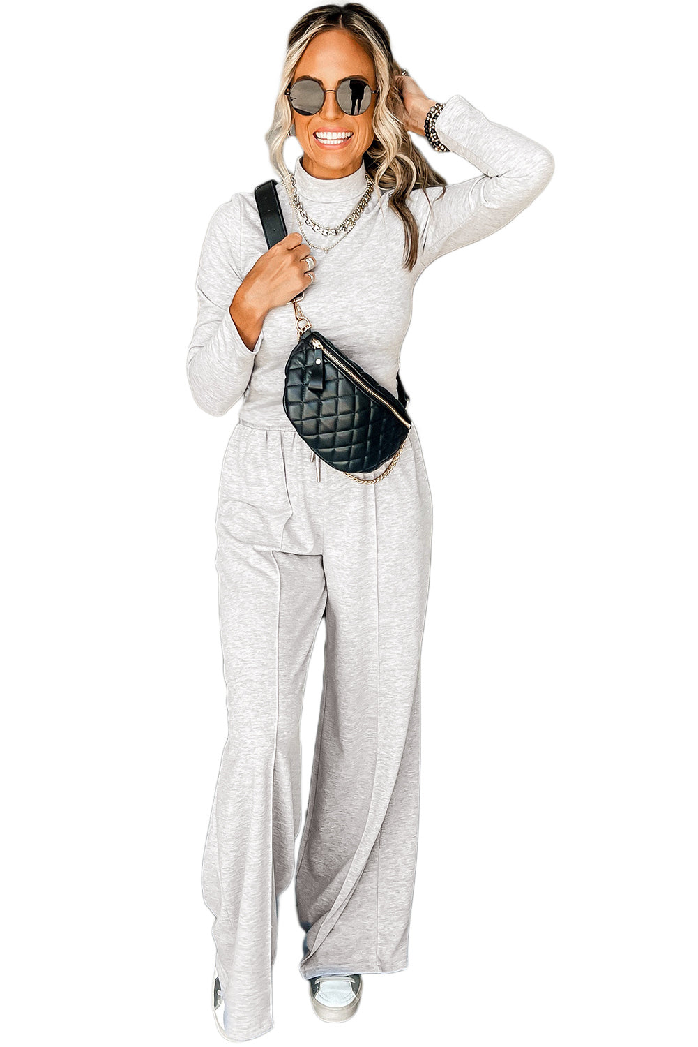 Light Grey Long Sleeve High Neck Slim Top Smocked Waist Central Seam Pants Set