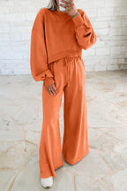 Flamingo Drop Shoulder Crop Pullover Drawstring Wide Leg Pants Set
