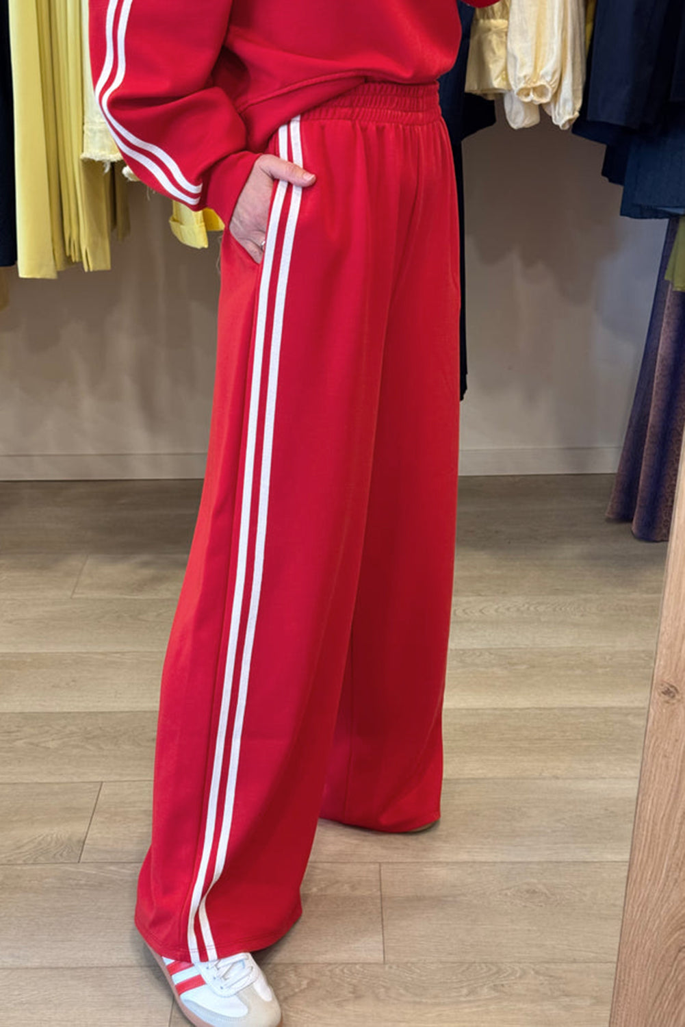 Fiery Red Varsity Striped Detail Cropped Pullover Wide Leg Pants 2pcs Outfit