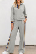 Gray striped patchwork quarter zip pullover with loose pants set, casual and comfortable outfit