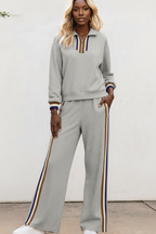 Gray Striped Patchwork Quarter Zip Pullover Loose Pants Set