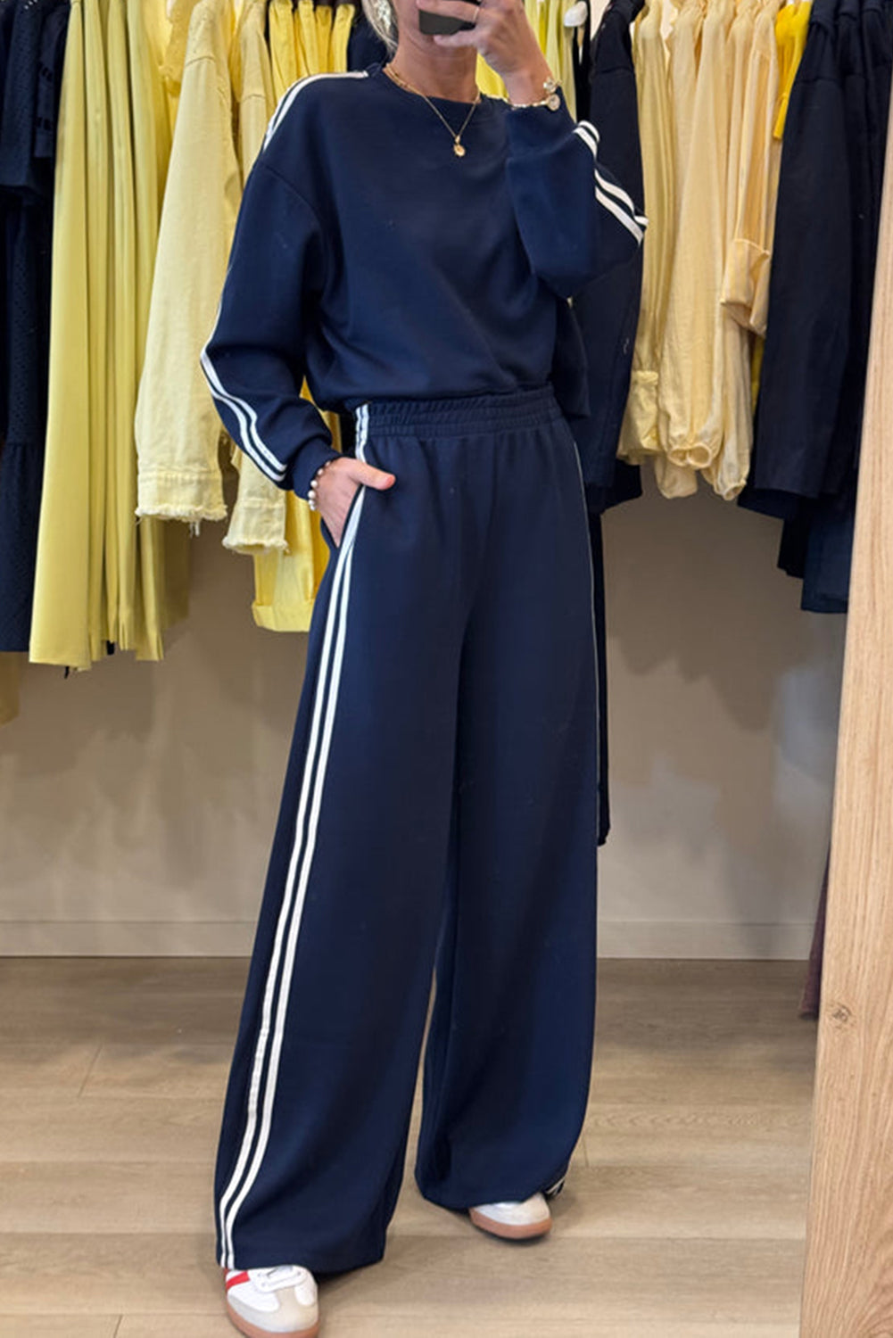Dirty blue varsity striped detail cropped pullover with wide-leg pants two-piece outfit