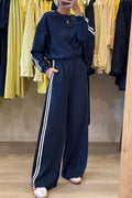 Dirty blue varsity striped detail cropped pullover with wide-leg pants two-piece outfit