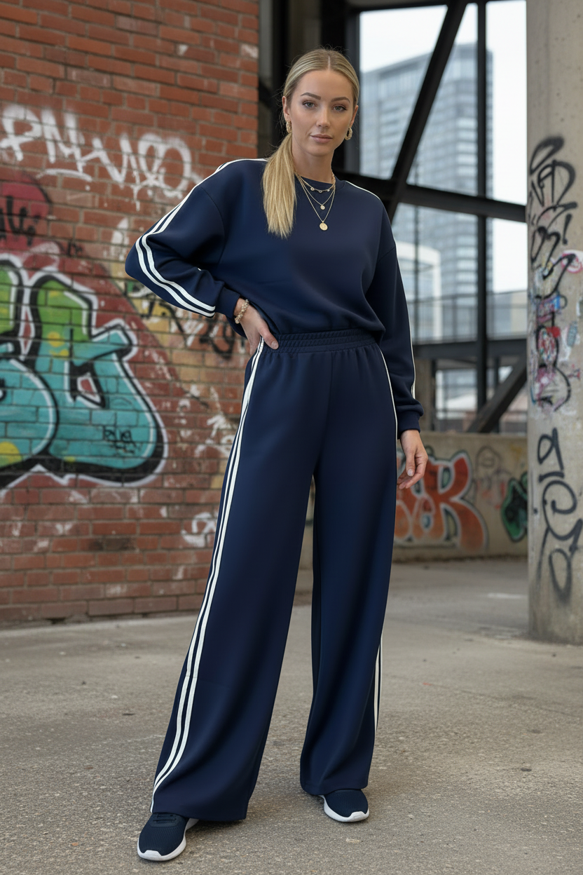 Dirty Blue Varsity Striped Detail Cropped Pullover Wide Leg Pants 2pcs Outfit