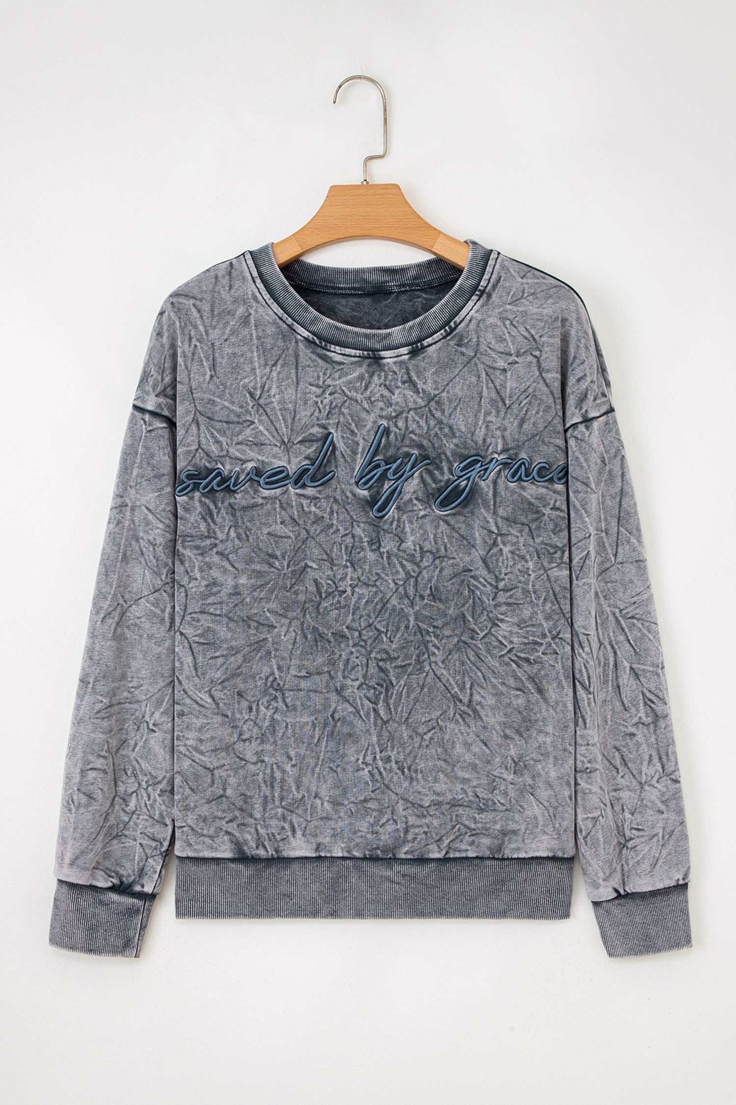Sea Green saved by grace Letter Embroidery Mineral Wash Loose Sweatshirt