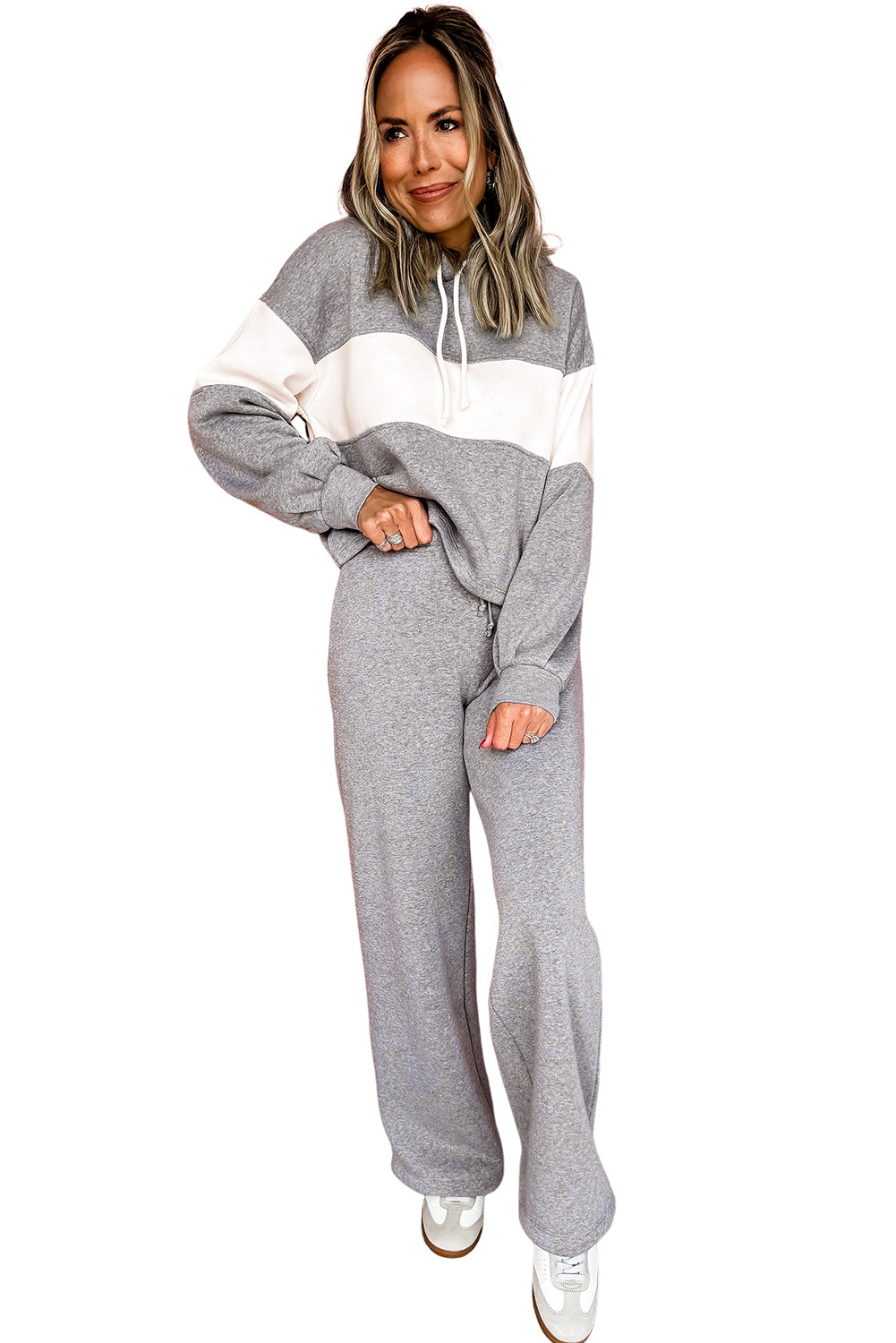 High Rise Colorblock Hoodie Drawstring High Waist Pants Set