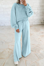 Mist Blue Drop Shoulder crop pullover with drawstring wide leg pants set in soft polyester cotton blend