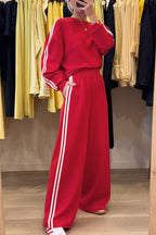 Fiery red varsity striped detail cropped pullover and wide leg pants 2-piece outfit