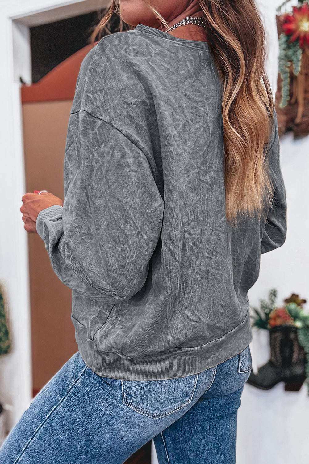 Sea Green saved by grace Letter Embroidery Mineral Wash Loose Sweatshirt