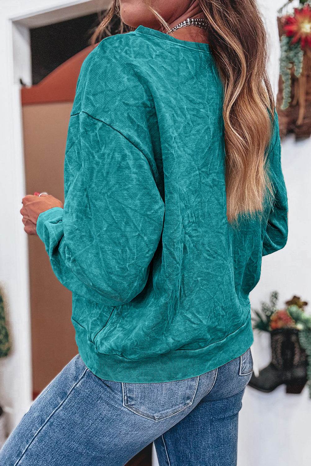 Sea Green saved by grace Letter Embroidery Mineral Wash Loose Sweatshirt
