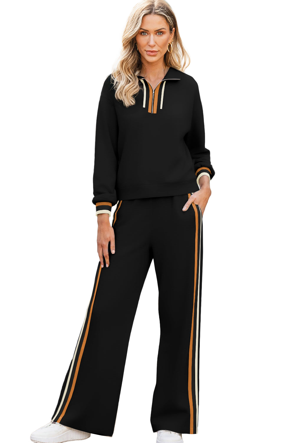 Black Striped Patchwork Quarter Zip Pullover Loose Pants Set