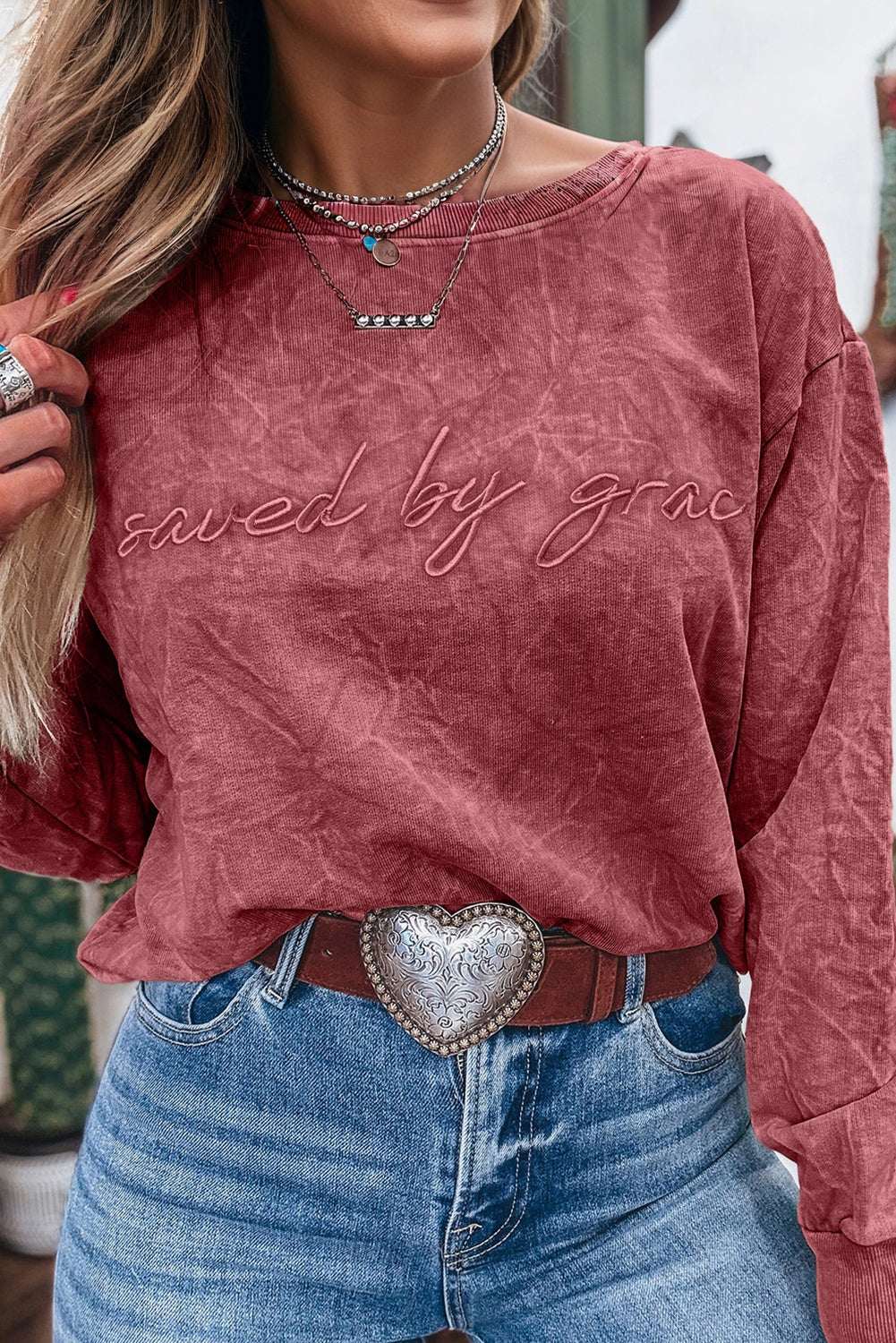 Sea Green saved by grace Letter Embroidery Mineral Wash Loose Sweatshirt