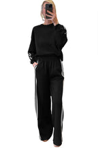 Black Varsity Striped Detail Cropped Pullover Wide Leg Pants 2pcs Outfit