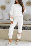 Beige striped drop shoulder pullover and jogger pants activewear set with color-blocked soft fabric