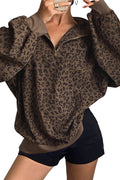 Brown leopard print quarter zip corduroy sweatshirt with drop shoulder and long sleeves