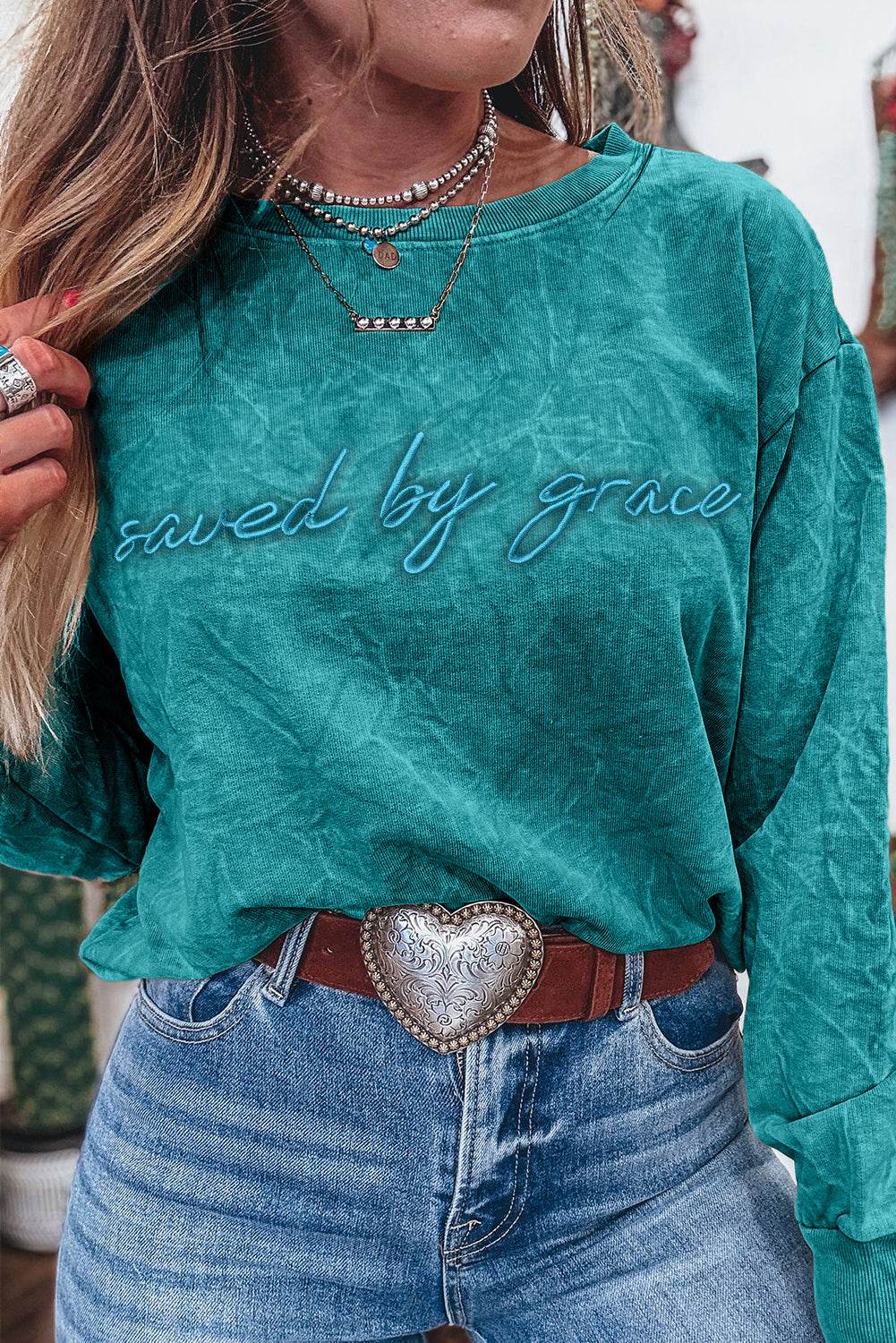 Sea Green saved by grace Letter Embroidery Mineral Wash Loose Sweatshirt