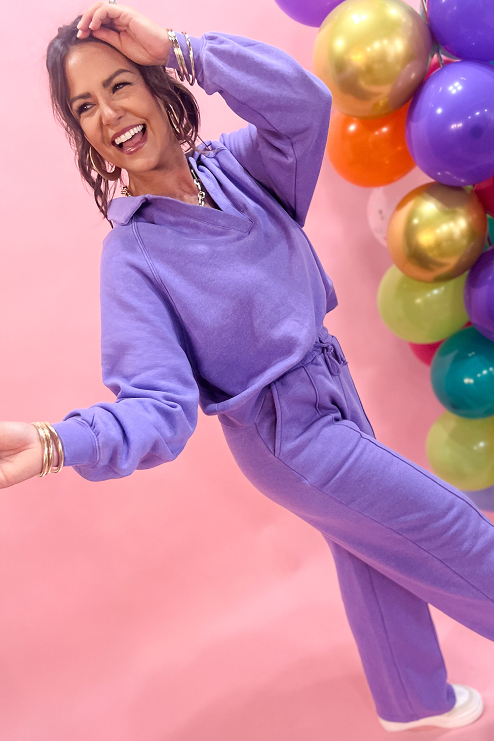 Sachet Pink Solid Color Collared Pullover and Central Seam Pants Set