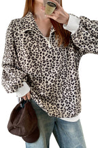 Brown Leopard Print Quarter Zip Corduroy Sweatshirt