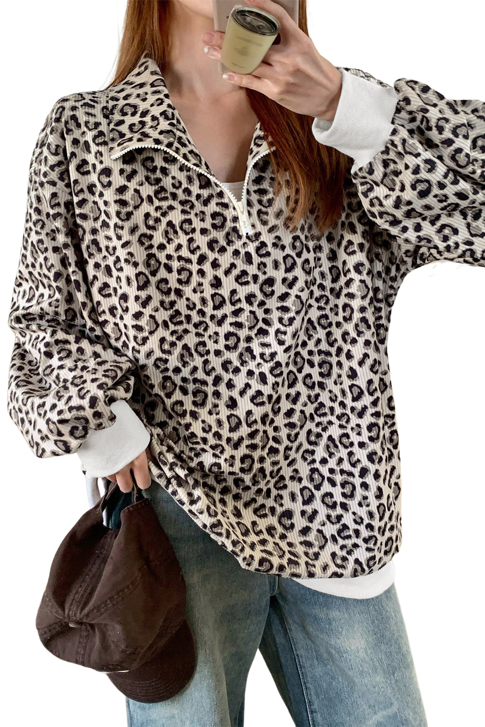 Brown Leopard Print Quarter Zip Corduroy Sweatshirt