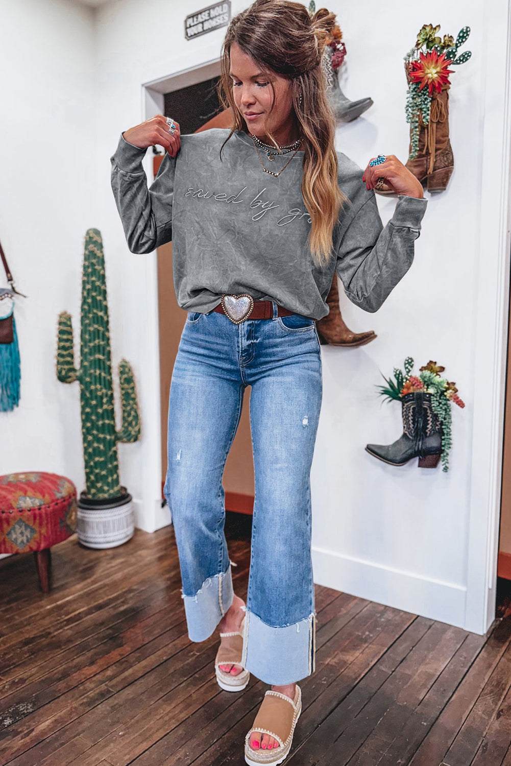 Sea Green saved by grace Letter Embroidery Mineral Wash Loose Sweatshirt