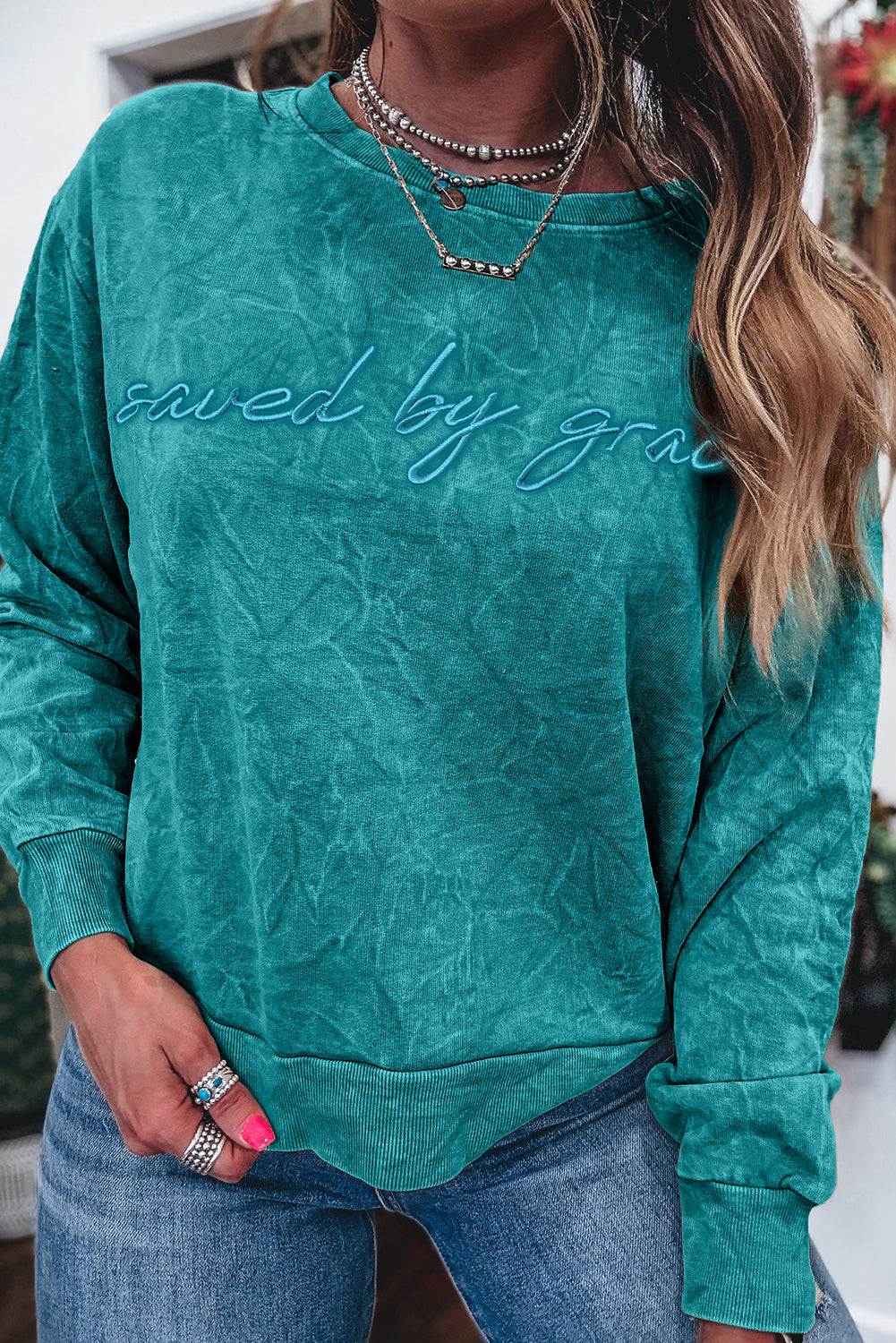 Sea Green saved by grace Letter Embroidery Mineral Wash Loose Sweatshirt