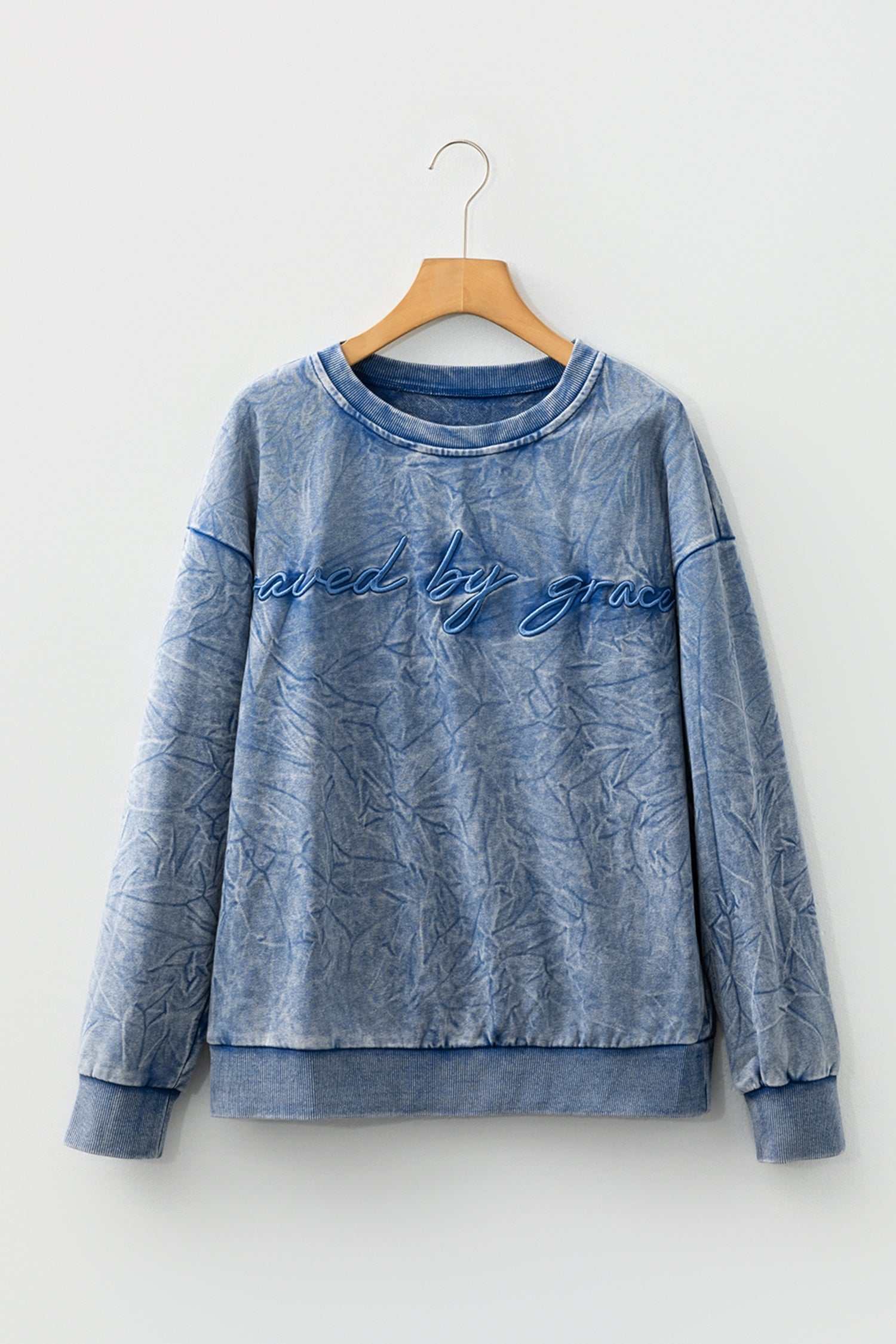 Sea Green saved by grace Letter Embroidery Mineral Wash Loose Sweatshirt