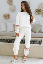 Beige Striped Drop Shoulder Pullover and Jogger Pants Active Outfit