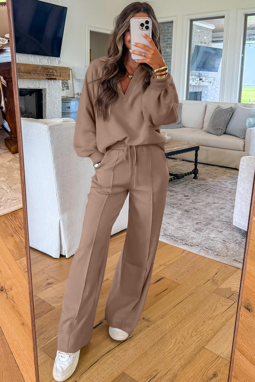 Dark Khaki Polo Collar V Neck Pullover and Drawstring Sweatpants Set